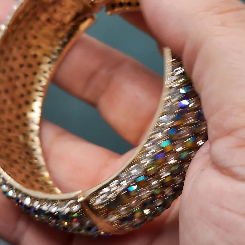 Aurora Borealis Rhinestone Wide Hinged Bangle Bracelet Gold Tone Glam Statement